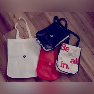 LOT OF 4 LULULEMON Shopping Bags Red Black White Crimson Handles Recycle Snaps